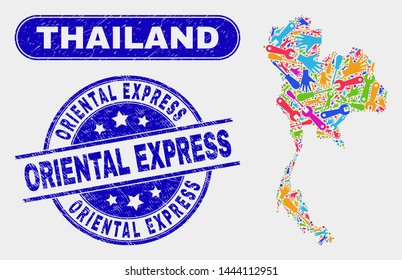 Tools Thailand map and blue Oriental Express grunge seal stamp. Colorful vector Thailand map mosaic of tools units. Blue rounded Oriental Express stamp.