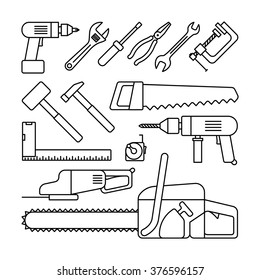 Tools thin line black icons on white background. Tools like screwdriver, drill, saw and hammer. Vector illustration