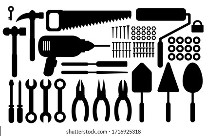 Tools Toolkit Hand Power Hammer Work Hardware Building Set Vector Graphic Design