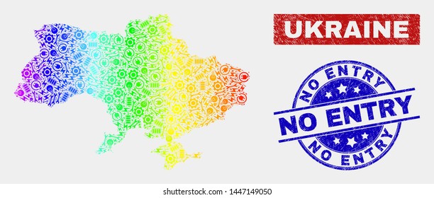 Tools Ukraine map and blue No Entry scratched stamp. Colorful gradiented vector Ukraine map mosaic of tools components. Blue rounded No Entry stamp.