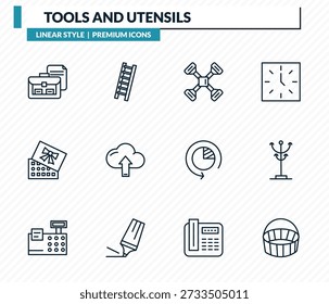 tools and utensils icons set - briefcase and document, hanging ladder, cross wrench, clothes rack, empty shopping basket outline vector collection.
