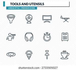 Werkzeuge und Utensilien Symbole gesetzt - Filterung, Tisch Ventilator, Bildschirm in schwarz, tägliche Spezialitäten Board, Tasse Tee Umriss Vektorsammlung.