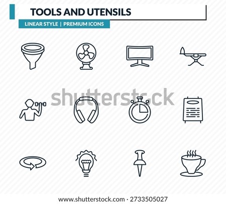 tools and utensils icons set - filtering, table fan, screen in black, daily specials board, cup of tea outline vector collection.