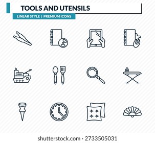 Conjunto de iconos de herramientas y utensilios: fórceps, libro con CD ROM, tableta con mano, mesa de hierro, colección de Vector de contorno de ventilador chino.