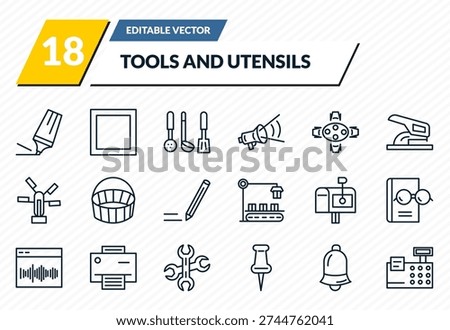 tools and utensils icons set - highlight, basic square, kitchen tools, hanging bell, printing calculator outline vector collection.