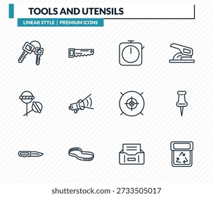 Guardar Conjunto de iconos de herramientas y utensilios: llavero con dos llaves, carpintería, temporizador, reloj redondo, Botón de tachuelas, colección de Vector de contorno de papelera de reciclaje.