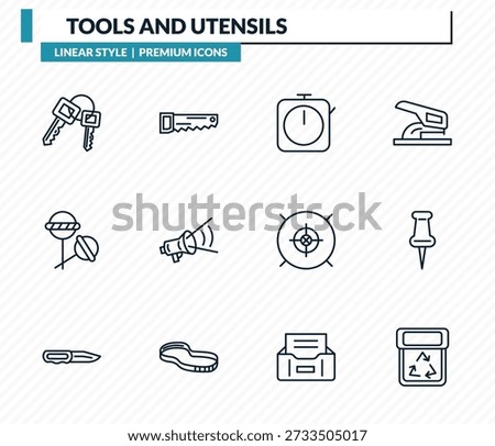 tools and utensils icons set - key ring with two keys, carpentry, timer round clock, tack save button, recycling bin outline vector collection.