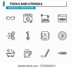 Werkzeuge und Utensilien Icons Set - optische, Top-Load-Washer, Verpackung Rhein, fett, Körper Thermometer Umriss Vektorsammlung.