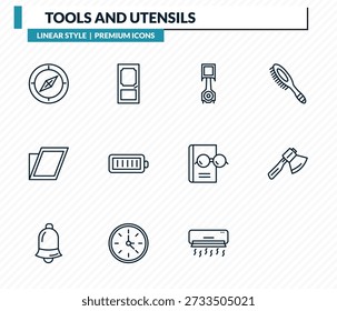 Conjunto de iconos de herramientas y utensilios: brújula de Orientación, puertas, pistón, hacha de mano, contorno de aire acondicionado colección de Vector.