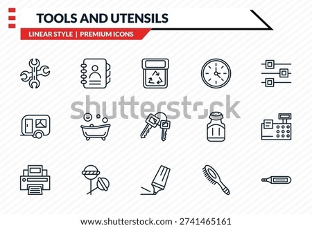 tools and utensils icons set - reparation, telephone agenda, house on wheels, highlight, body thermometer outline vector collection.