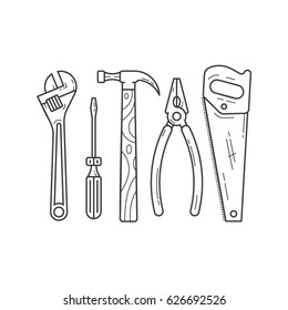 Tools, vector flat illustration, outline icon set, white background. Wrench, screwdriver, hammer, pliers, saw