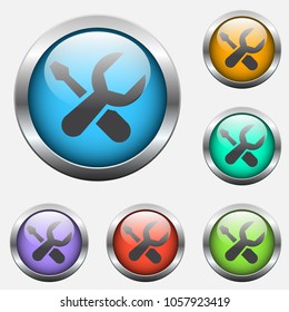 tools vector icon on color glass buttons