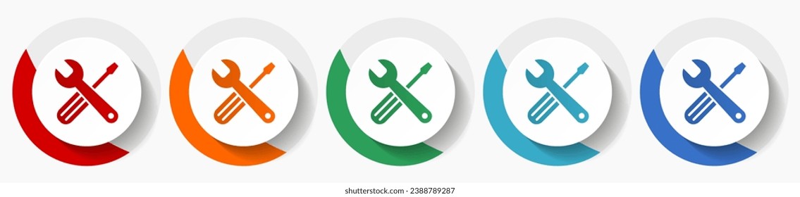 Tools vector icon set, flat design colorful round icons in 5 color options for webdesign and mobile applications