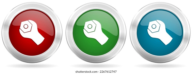 Tools vector icon set. Red, blue and green silver metallic web buttons with chrome border
