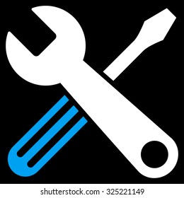 Tools vector icon. Style is bicolor flat symbol, blue and white colors, rounded angles, black background.