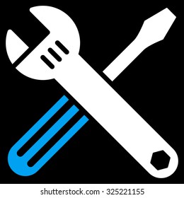 Tools vector icon. Style is bicolor flat symbol, blue and white colors, rounded angles, black background.