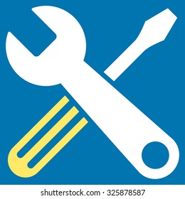 Tools vector icon. Style is bicolor flat symbol, yellow and white colors, rounded angles, blue background.
