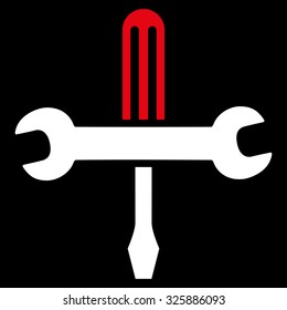 Tools vector icon. Style is bicolor flat symbol, red and white colors, rounded angles, black background.