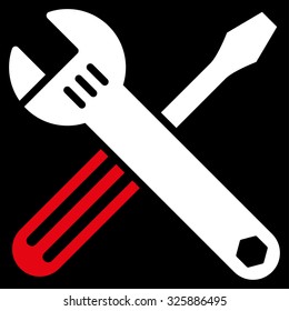 Tools vector icon. Style is bicolor flat symbol, red and white colors, rounded angles, black background.