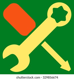 Tools vector icon. Style is bicolor flat symbol, orange and yellow colors, rounded angles, green background.