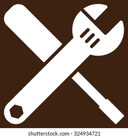 Tools vector icon. Style is flat symbol, white color, rounded angles, brown background.