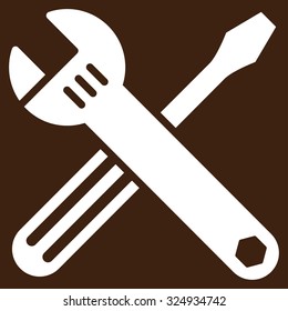 Tools vector icon. Style is flat symbol, white color, rounded angles, brown background.