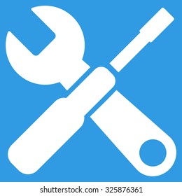 Tools vector icon. Style is flat symbol, white color, rounded angles, blue background.