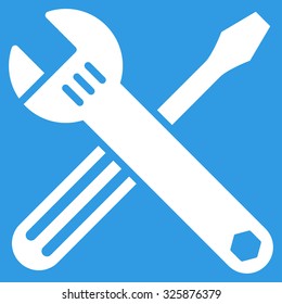 Tools vector icon. Style is flat symbol, white color, rounded angles, blue background.