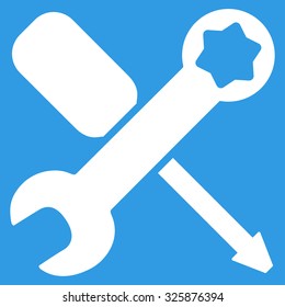 Tools vector icon. Style is flat symbol, white color, rounded angles, blue background.