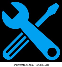 Tools vector icon. Style is flat symbol, blue color, rounded angles, black background.