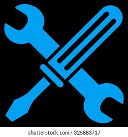 Tools vector icon. Style is flat symbol, blue color, rounded angles, black background.