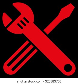 Tools vector icon. Style is flat symbol, red color, rounded angles, black background.