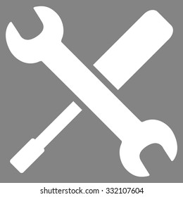 Tools vector icon. Style is flat symbol, white color, rounded angles, gray background.