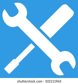 Tools vector icon. Style is flat symbol, white color, rounded angles, blue background.