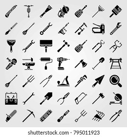 Tools vector icons set. adjustable spanner, handsaw and pipe wrench