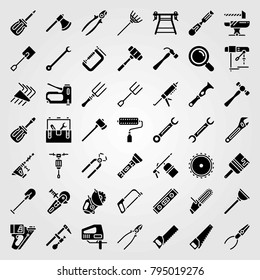 Tools vector icons set. adjustable spanner, spade and hammer drill