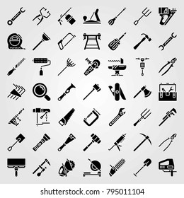 Tools vector icons set. allen keys, paint roller and tape measure