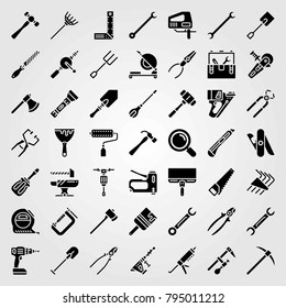 Tools vector icons set. anvil, paint roller and pliers