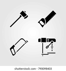 Tools vector icons set. axe, drill and handsaw