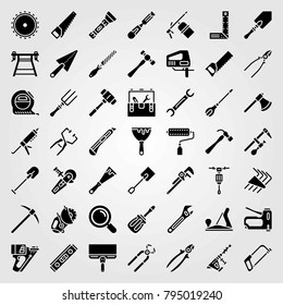 Tools vector icons set. axe, jigsaw and tape