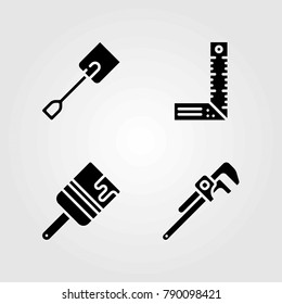 Tools vector icons set. brush, ruler and pipe wrench