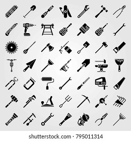 Tools vector icons set. brush, hammer drill and spade