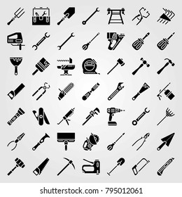 Tools vector icons set. chainsaw, hammer and drill