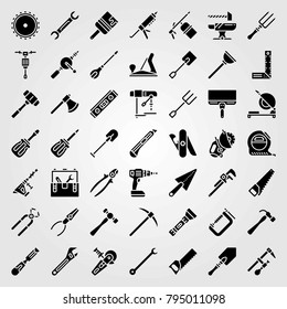 Tools vector icons set. chisel, drill and spade