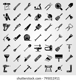 Tools vector icons set. chop saw, loupe and welder