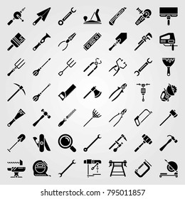 Tools vector icons set. clamp, mallet and hand drill