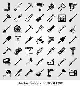 Tools vector icons set. hammer drill, measure and fork