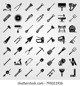 Tools vector icons set. hammer drill, ruler and saw blade