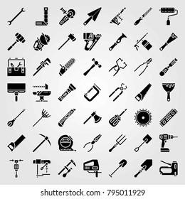 Tools vector icons set. hammer drill, pick axe and tape