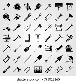 Tools vector icons set. hammer, tape and adjustable spanner